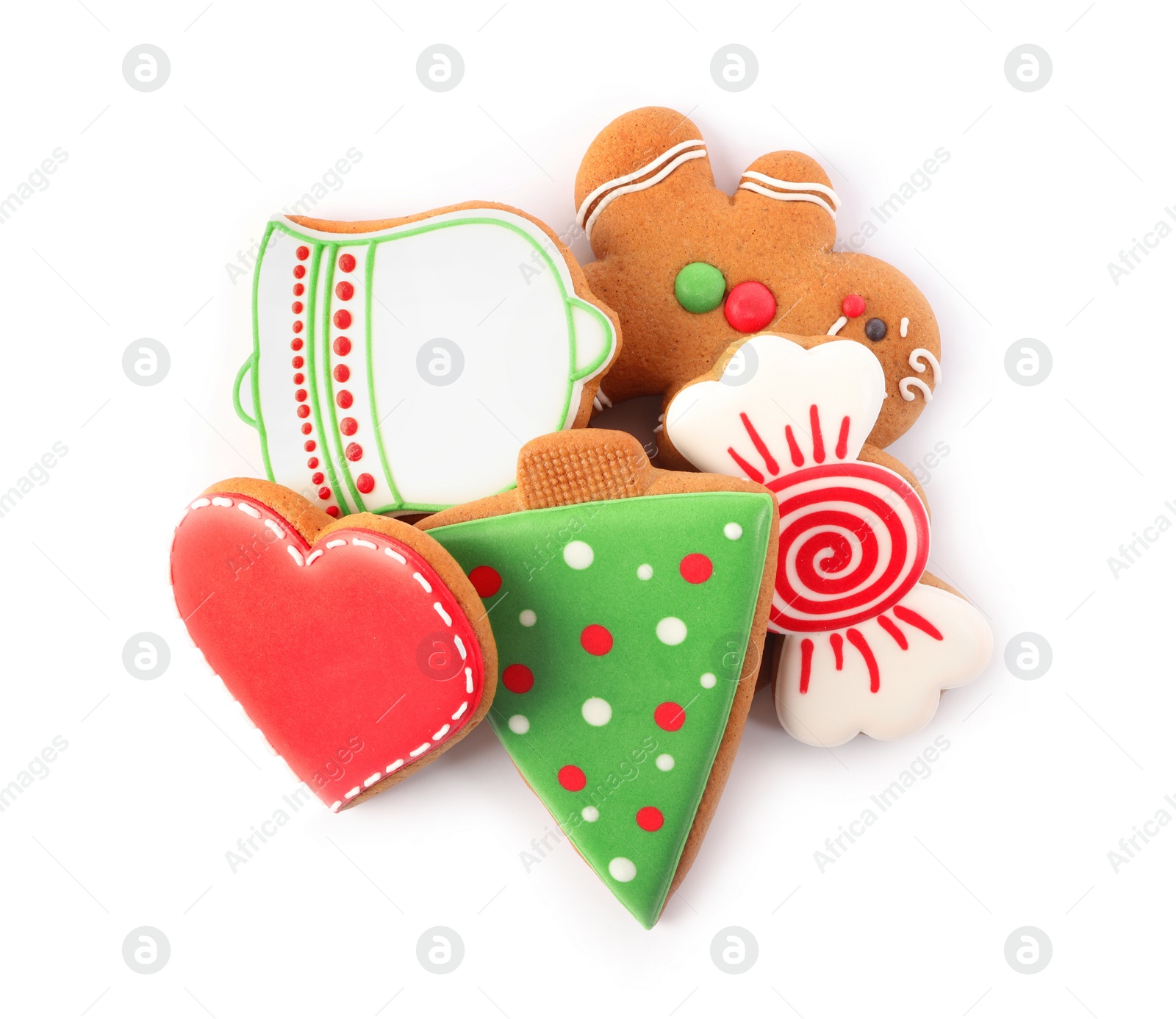 Photo of Pile of Christmas cookies on white background, top view