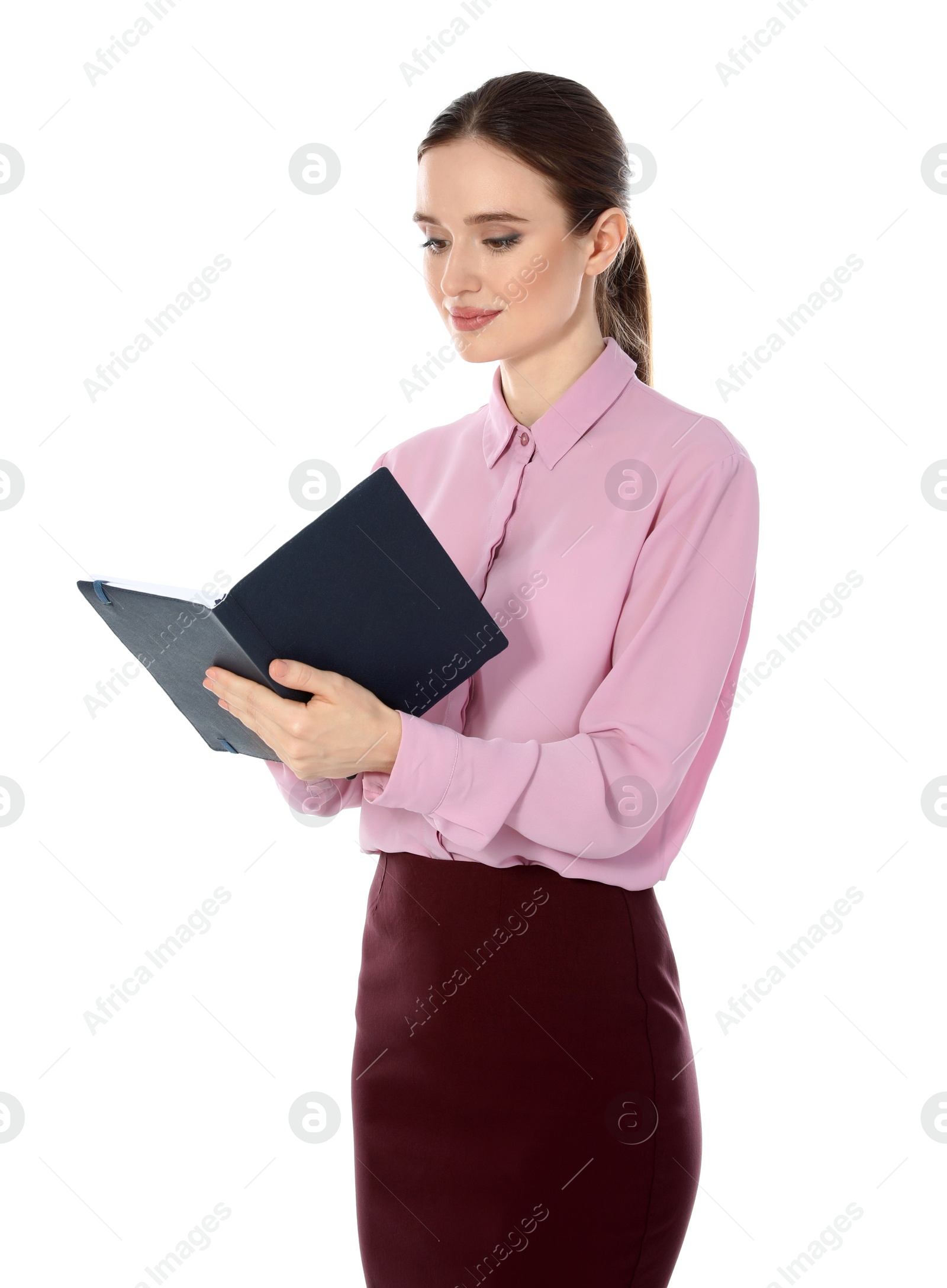 Photo of Portrait of young female teacher on white background