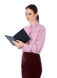 Photo of Portrait of young female teacher on white background