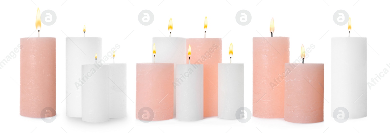 Image of Set of burning color candles on white background. Banner design