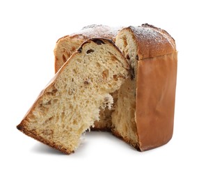 Photo of Delicious Panettone cake with powdered sugar on white background. Traditional Italian pastry