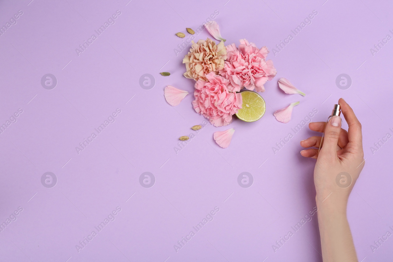 Photo of Top view of woman spraying perfume on lilac background, flowers and lime representing aroma. Space for text