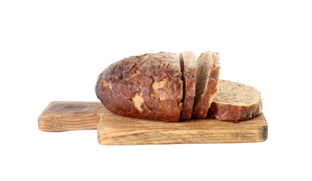 Photo of Wooden board with tasty bread on white background