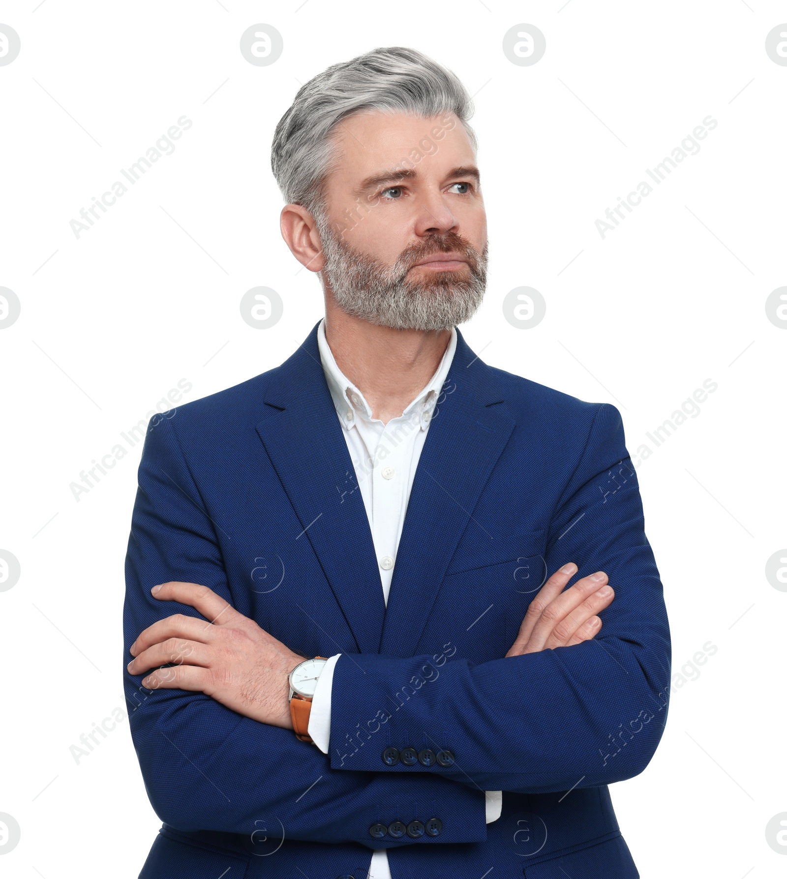 Photo of Mature businessman in stylish clothes posing on white background