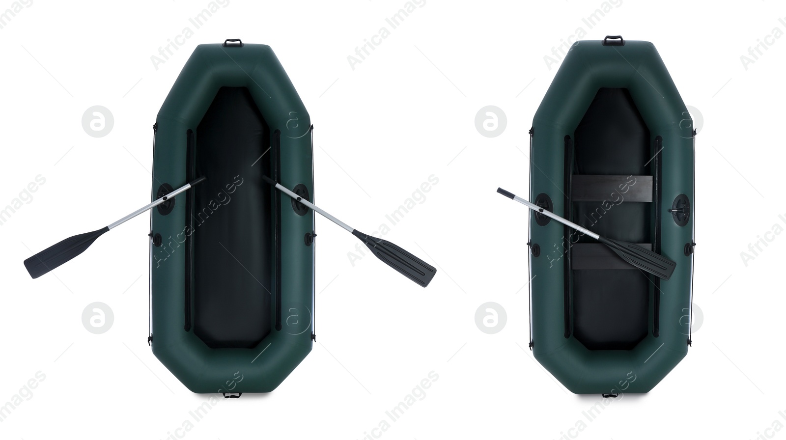 Image of Inflatable rubber fishing boats on white background, collage. Banner design