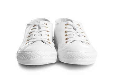 Photo of Pair of stylish sneakers on white background