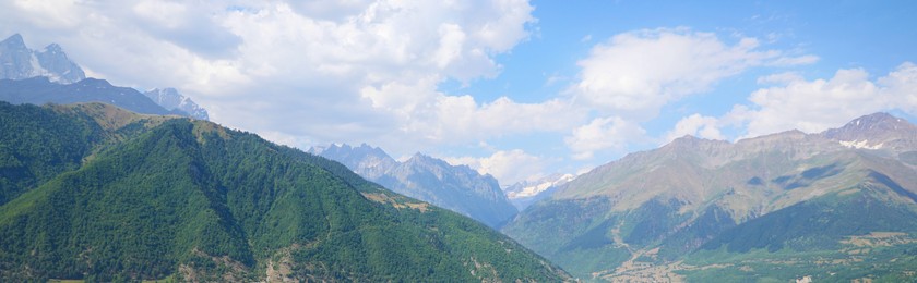 Picturesque mountains under beautiful sky, banner design