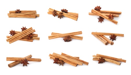 Set with aromatic cinnamon sticks on white background 