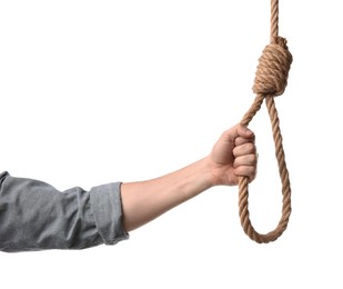 Photo of Man holding rope noose on white background, closeup