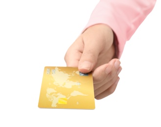 Photo of Woman holding credit card on white background