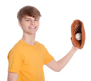Photo of Teenage boy with baseball ball on white background