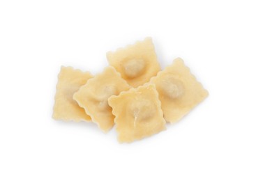 Photo of Delicious ravioli with tasty filling isolated on white, top view