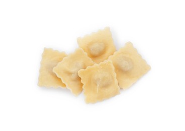 Delicious ravioli with tasty filling isolated on white, top view