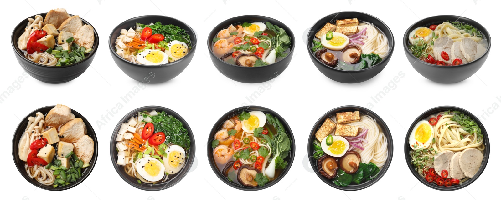 Image of Set with bowls of delicious ramen with different ingredients isolated on white, top and side views. Noodle soup