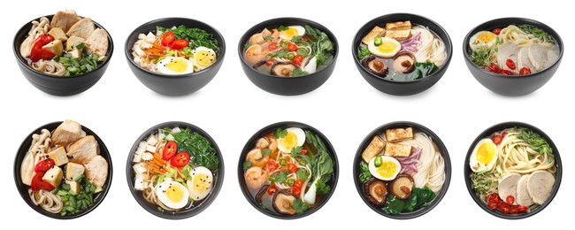 Set with bowls of delicious ramen with different ingredients isolated on white, top and side views. Noodle soup