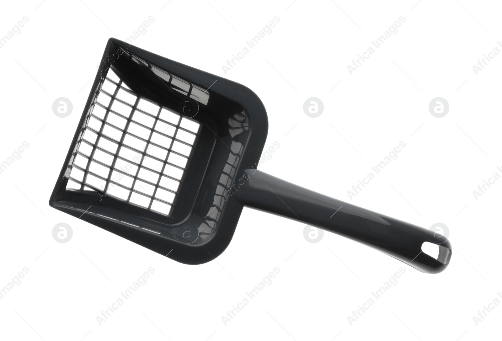 Photo of Black plastic scoop for cat litter isolated on white, top view
