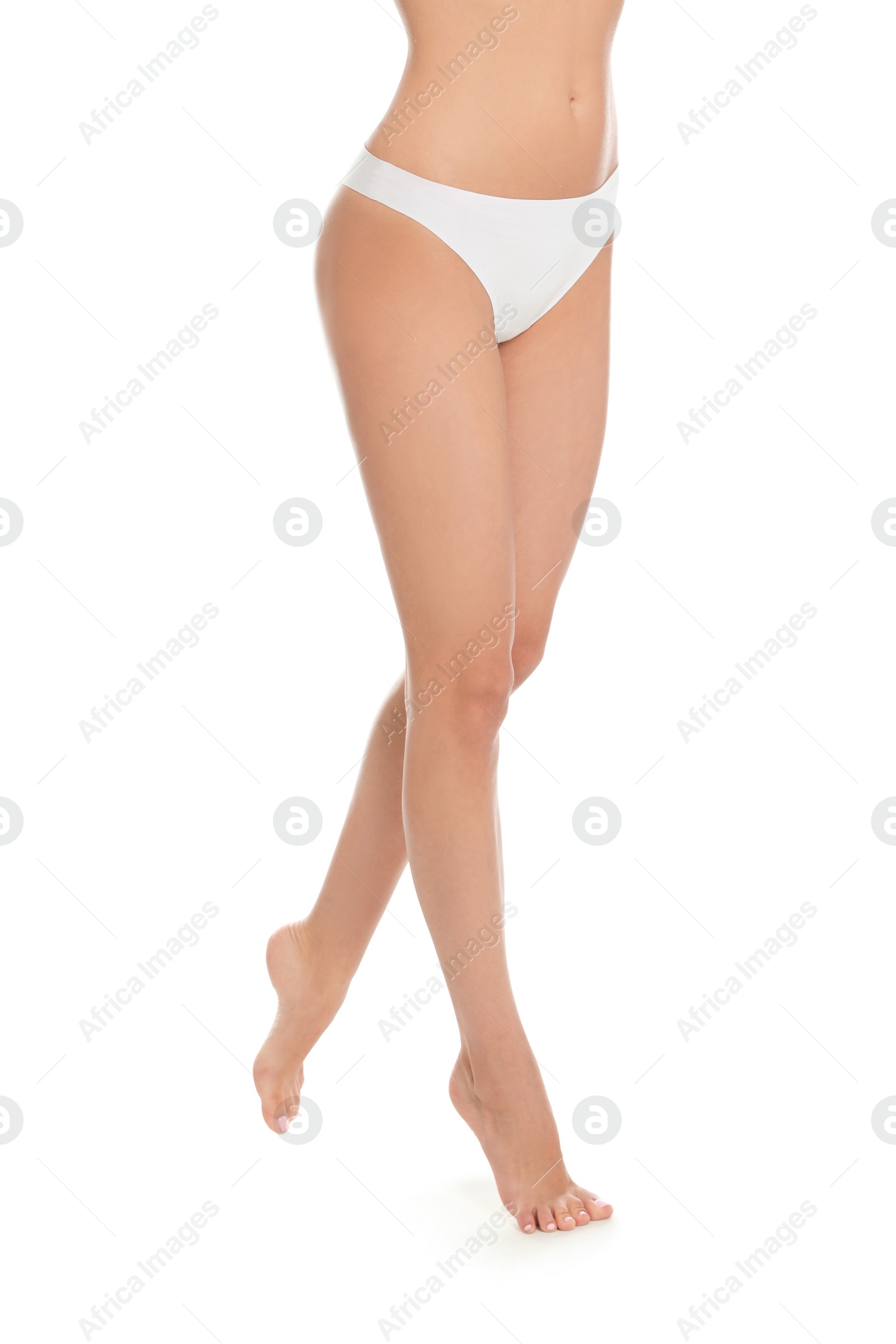 Photo of Slim young woman with smooth gentle skin on white background. Beauty and body care concept