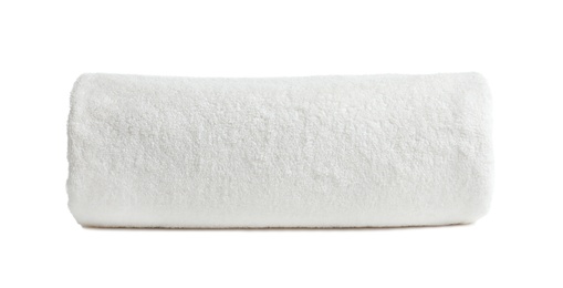 Photo of Rolled soft terry towel on white background