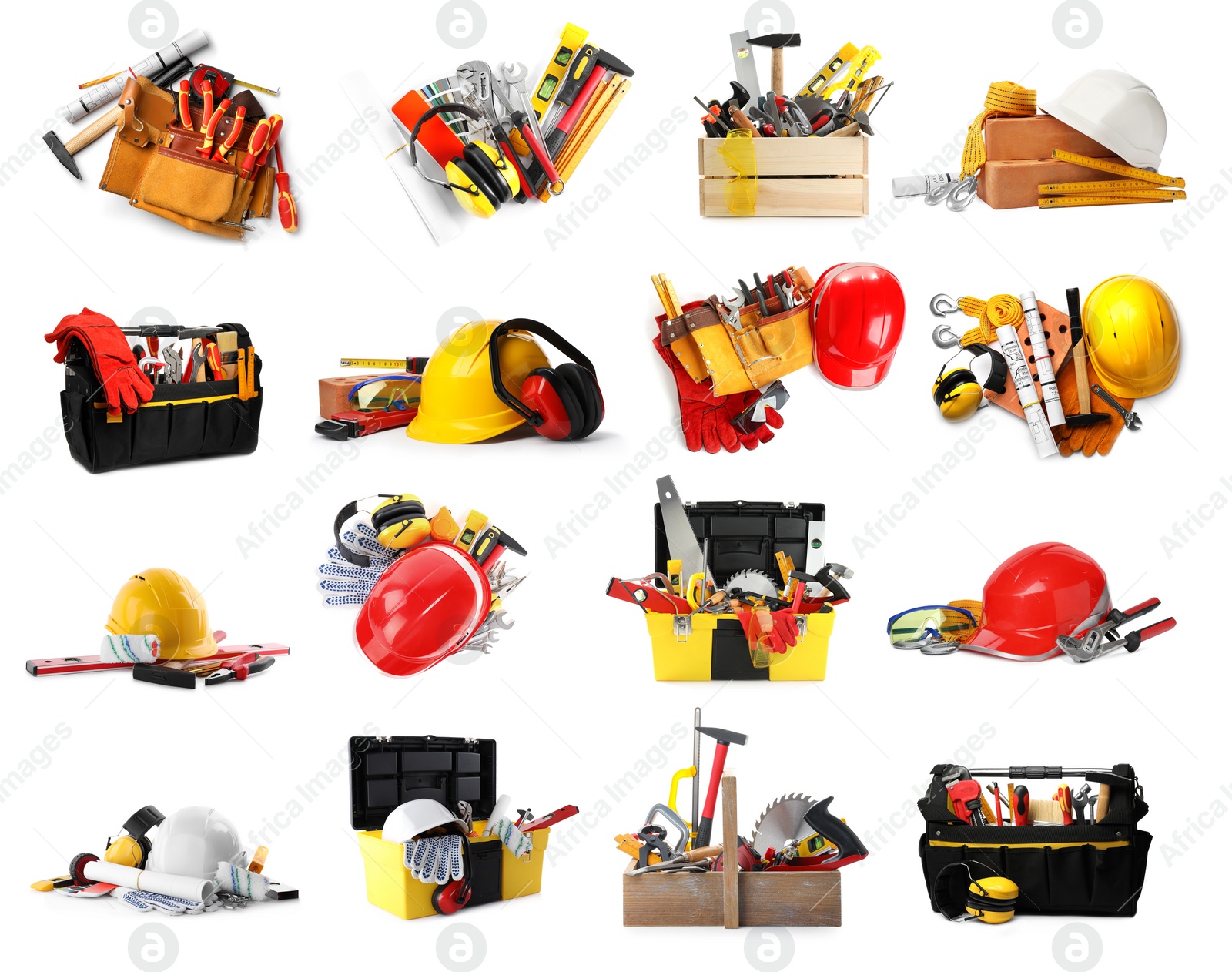 Image of Set with different construction and carpenter tools on white background