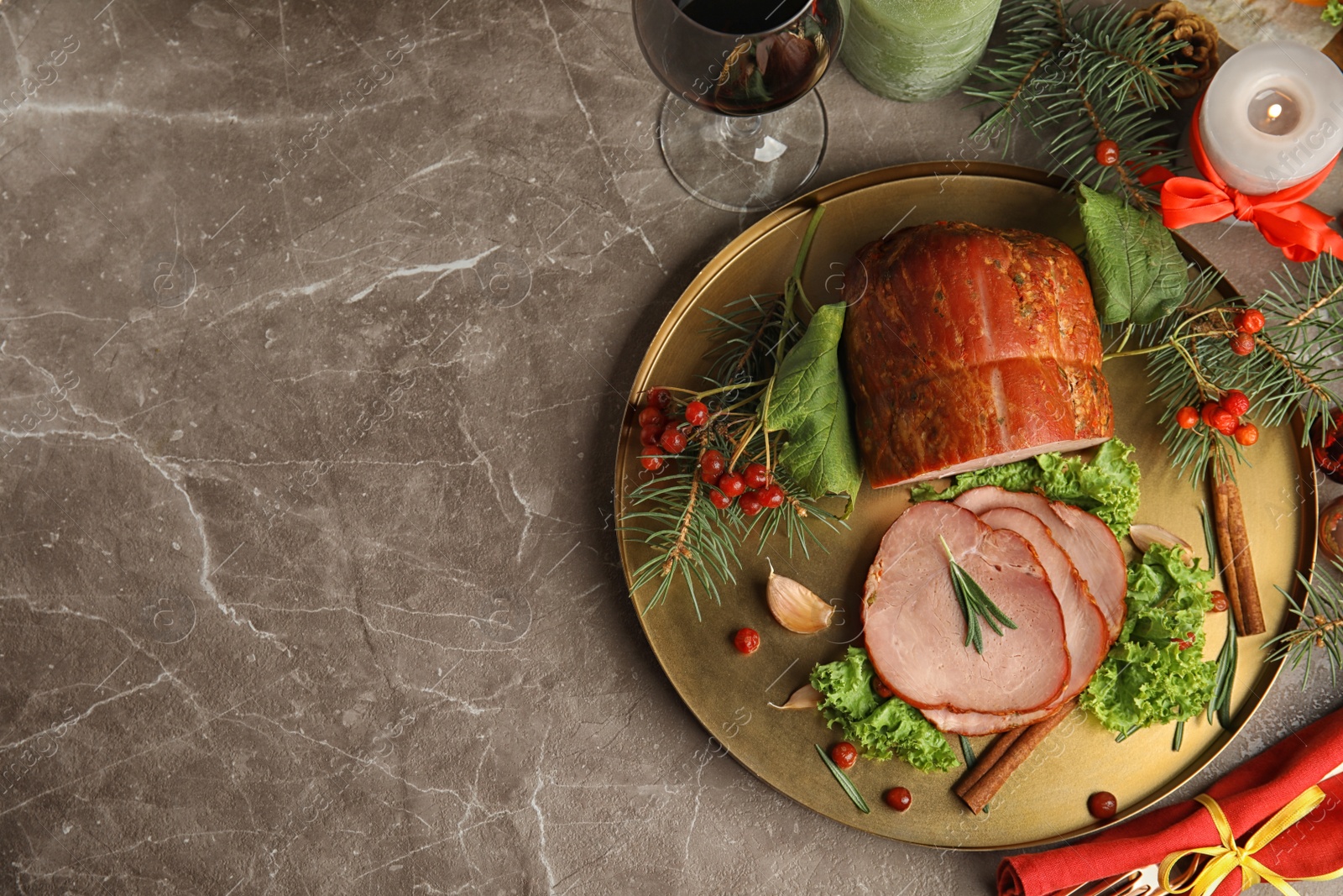 Photo of Flat lay composition with delicious ham on marble table, space for text. Christmas dinner