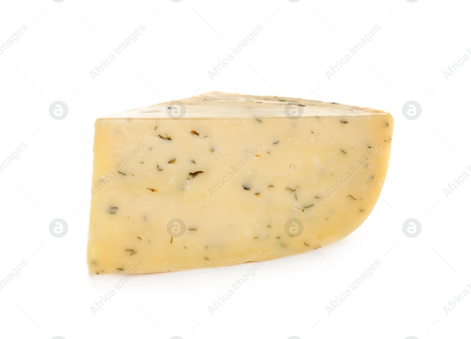 Photo of Piece of delicious cheese with herbs on white background