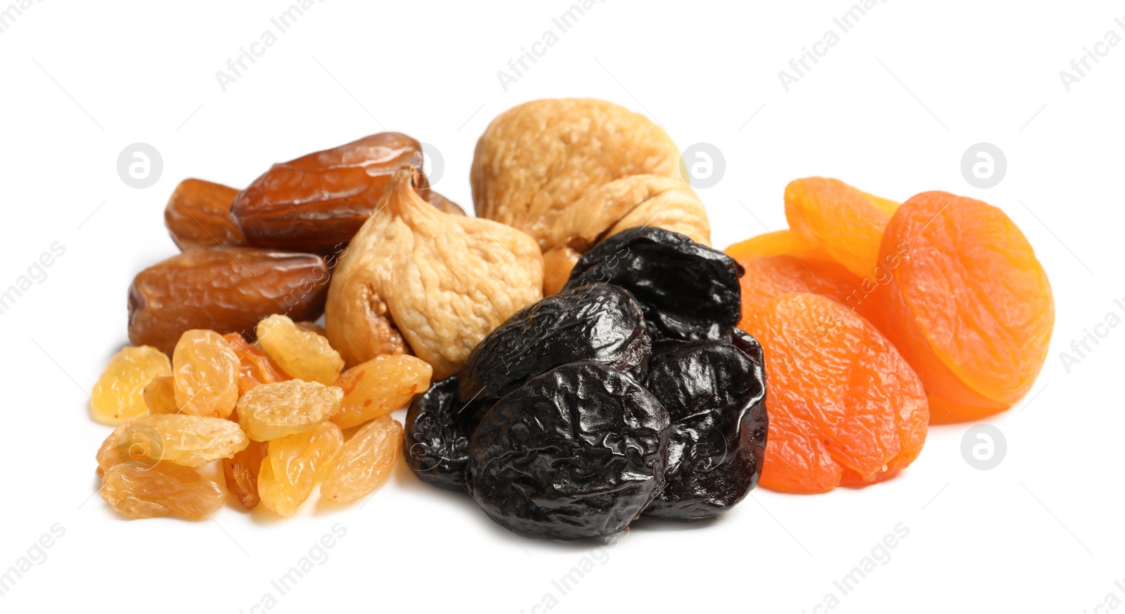 Photo of Different dried fruits on white background. Healthy lifestyle