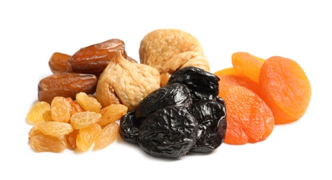 Photo of Different dried fruits on white background. Healthy lifestyle