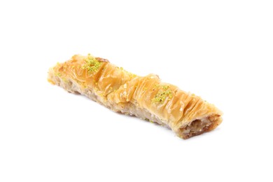 Delicious baklava with pistachios on white background