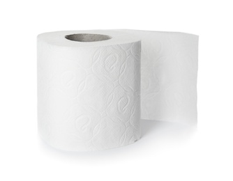 Roll of toilet paper on white background