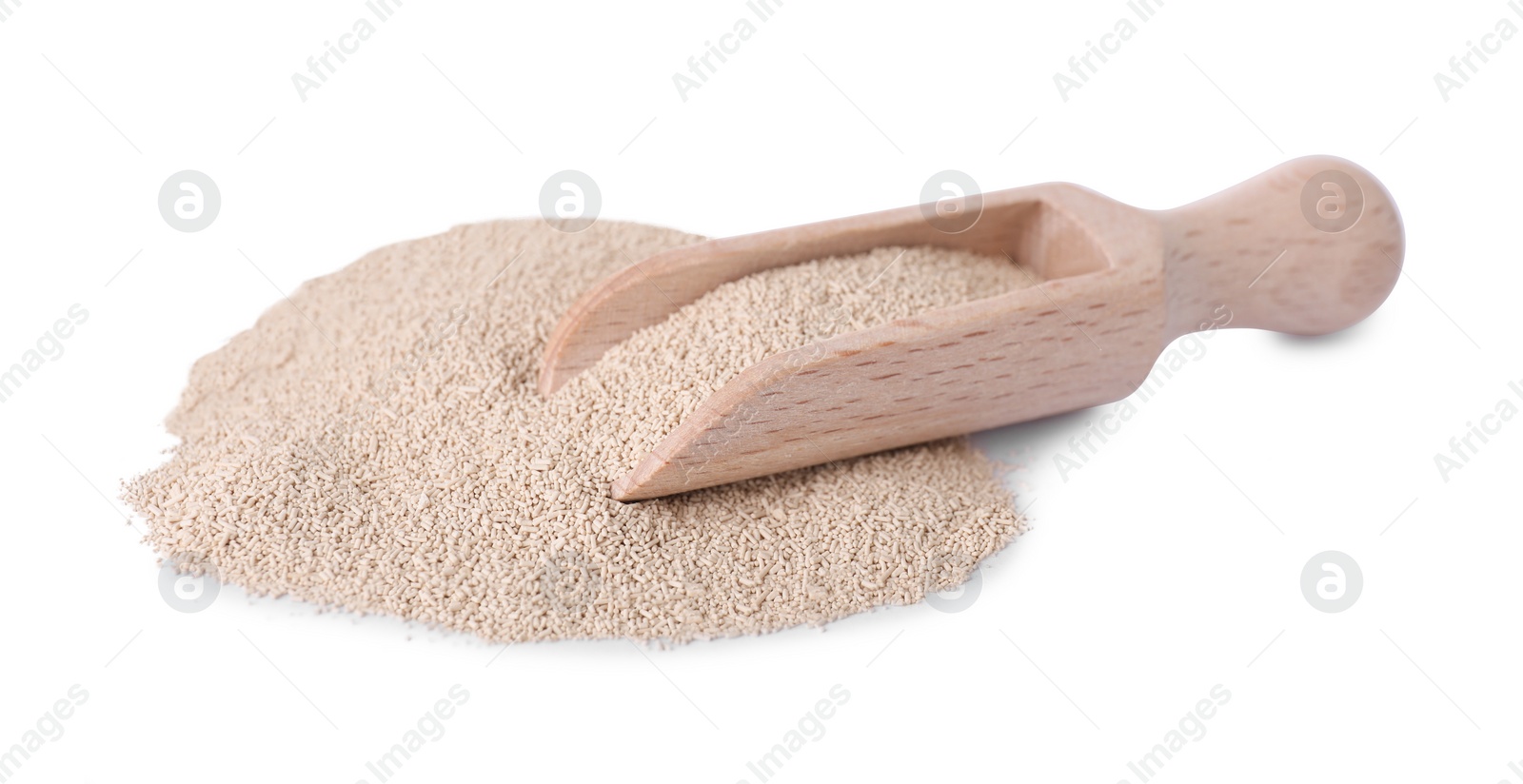 Photo of Wooden scoop with active dry yeast isolated on white