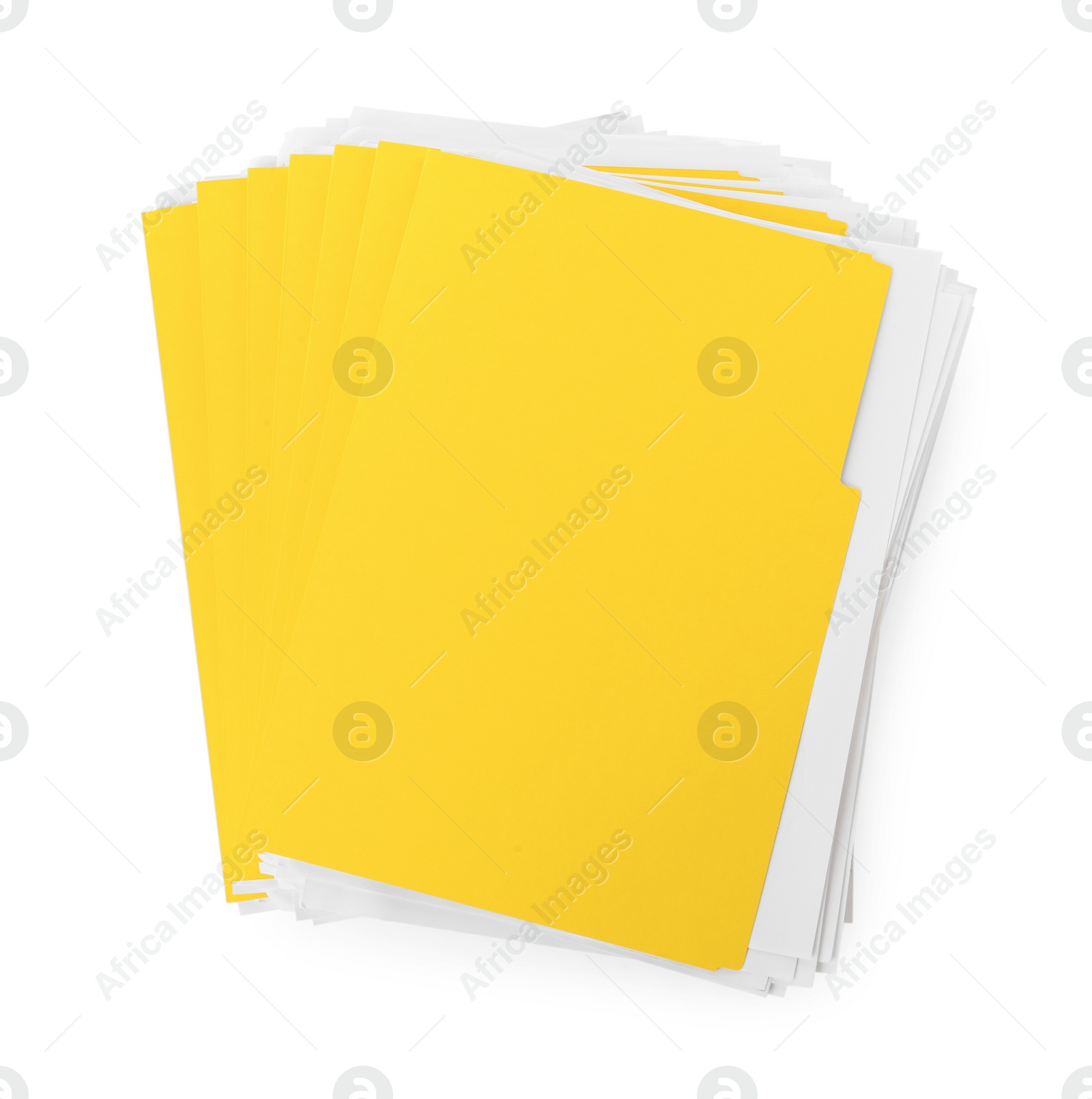 Photo of Stack of yellow files with documents on white background, top view