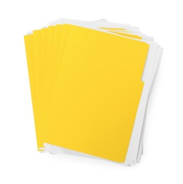Photo of Stack of yellow files with documents on white background, top view