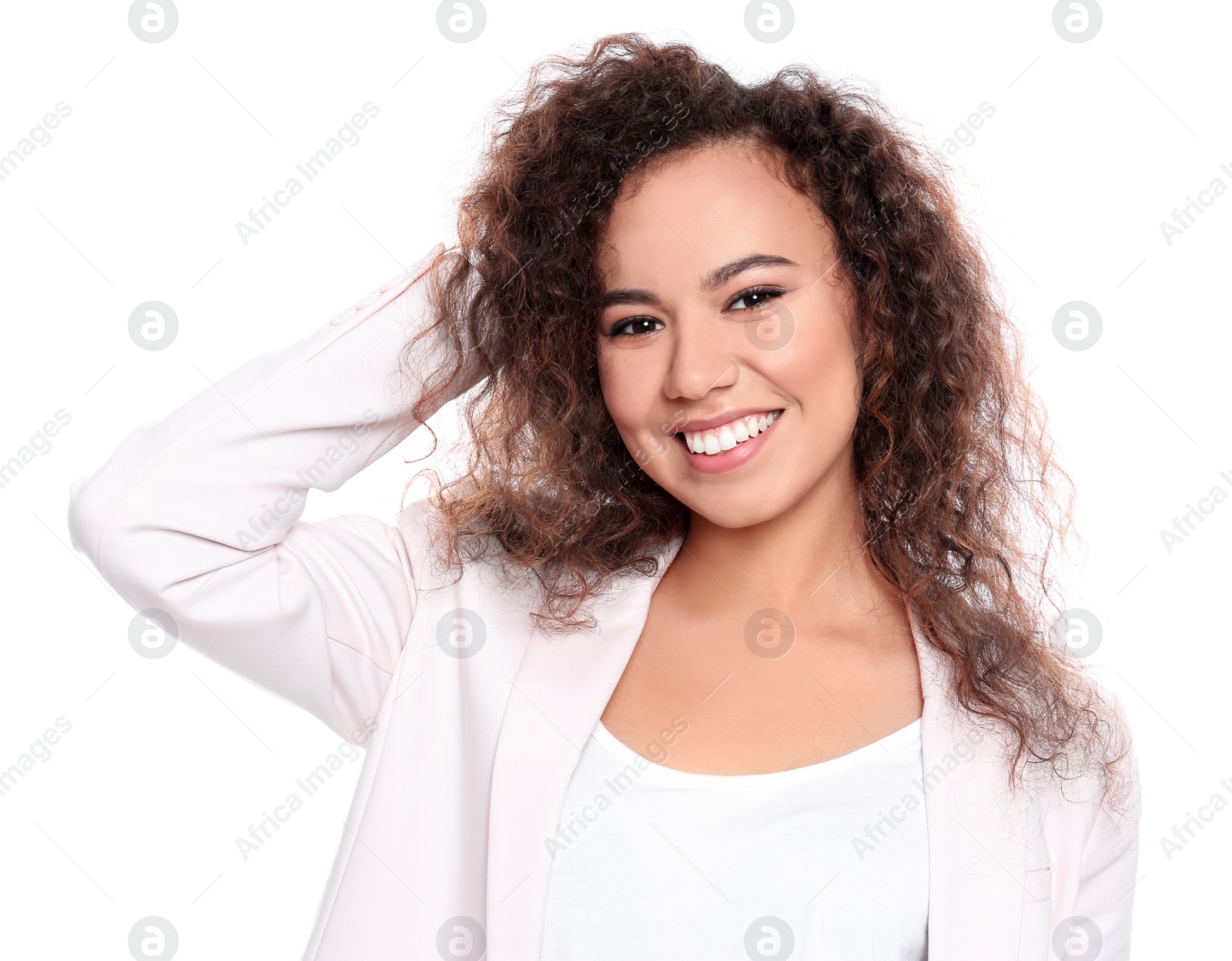 Photo of Young African-American woman with beautiful face on white background