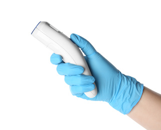 Photo of Doctor in latex gloves holding non-contact infrared thermometer on white background, closeup