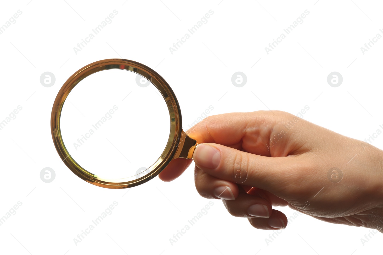 Photo of Woman holding magnifying glass on white background, closeup