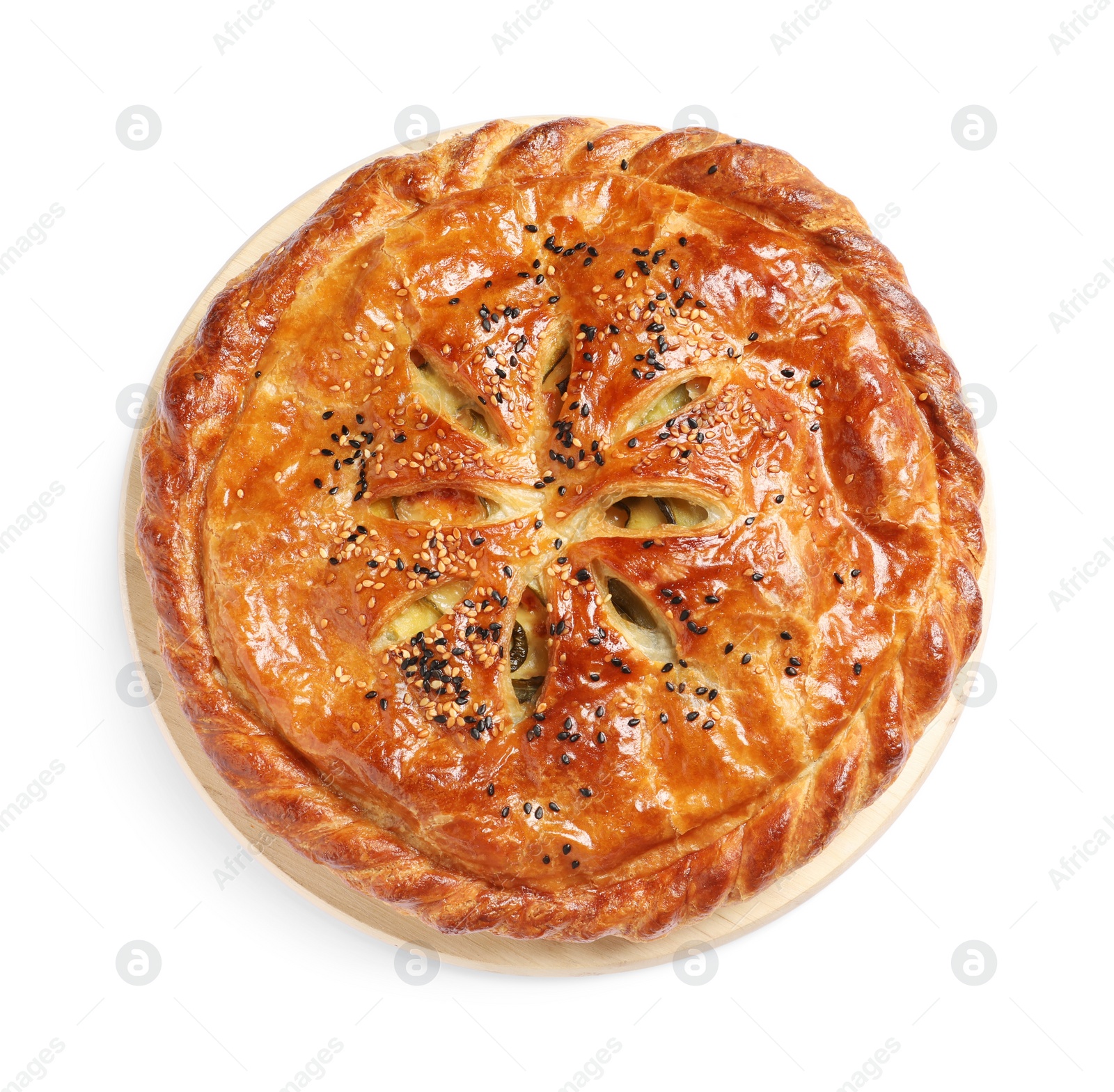 Photo of Tasty homemade pie with filling isolated on white, top view