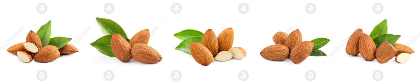 Image of Set with tasty almond nuts on white background. Banner design