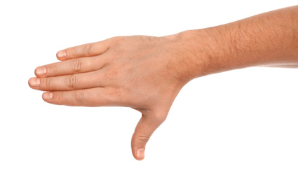 Photo of Man making frame with hand on white background, closeup