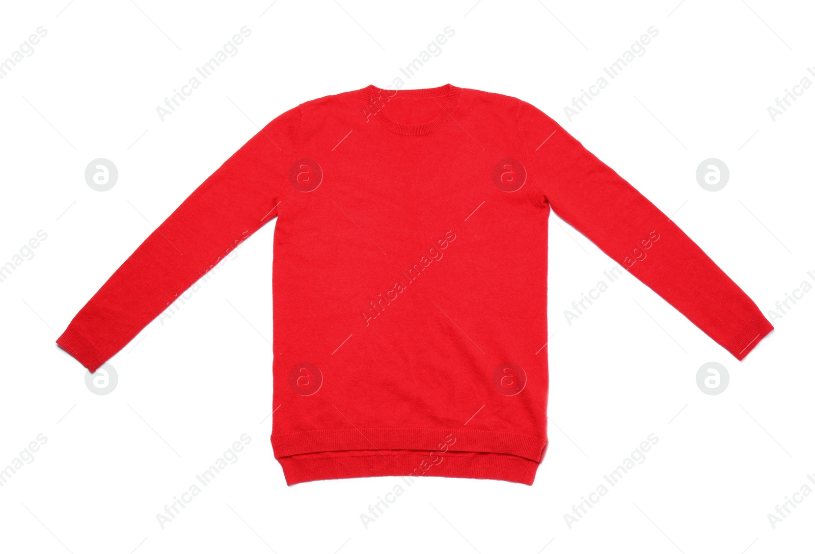 Photo of Red cashmere sweater isolated on white, top view