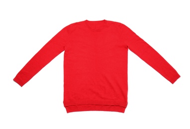 Red cashmere sweater isolated on white, top view