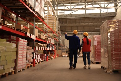 Image of Manager and worker at warehouse, back view. Logistics center