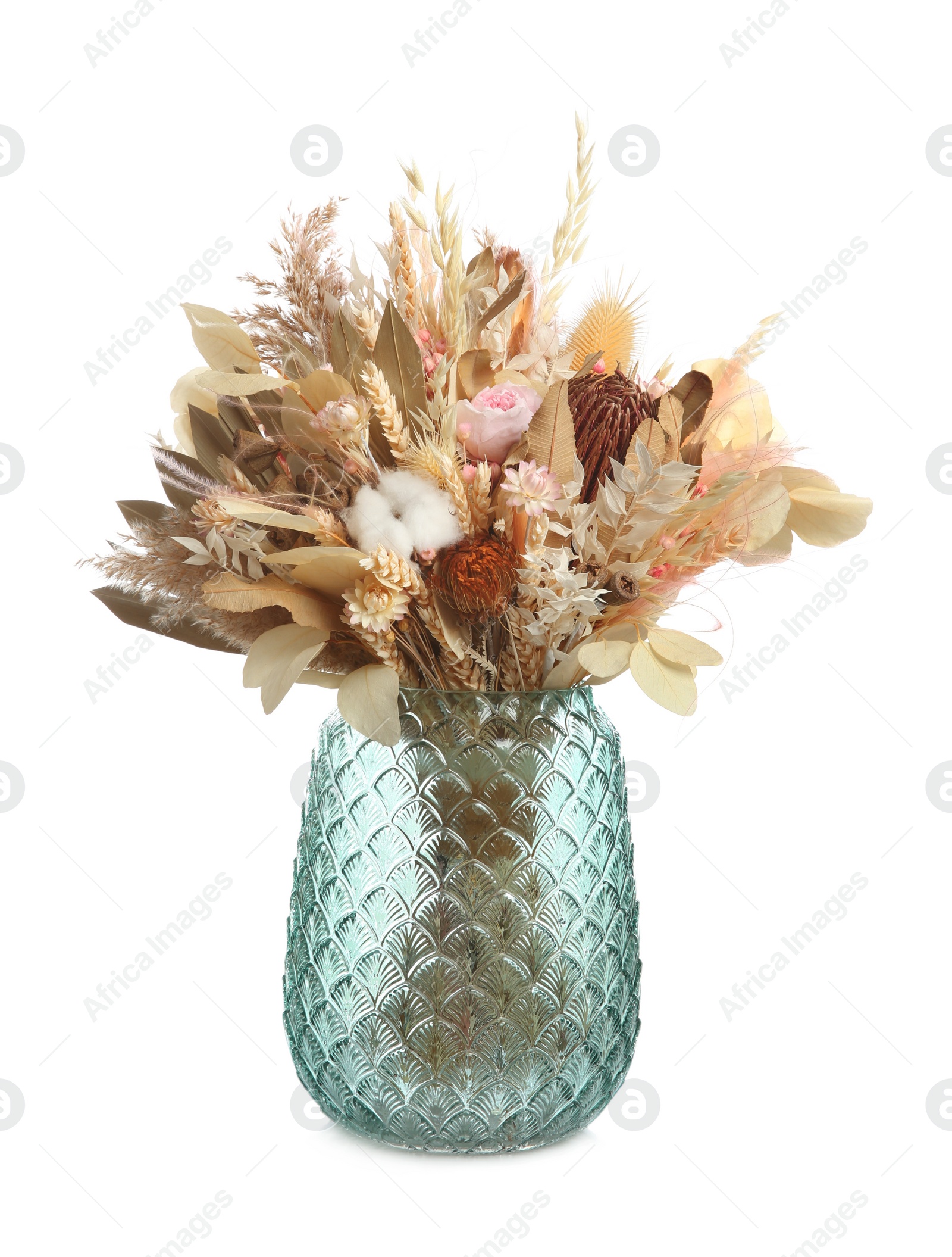 Photo of Beautiful dried flower bouquet in glass vase isolated on white