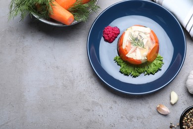 Delicious chicken aspic served on grey table, flat lay. Space for text