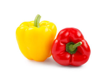 Photo of Fresh ripe bell peppers on white background