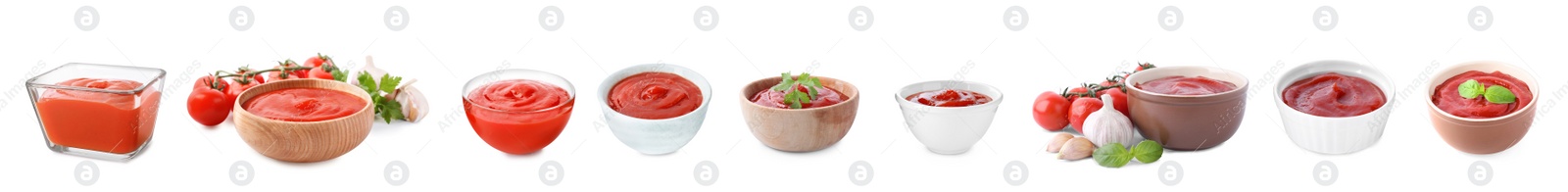 Image of Set of tasty tomato sauce on white background. Banner design 