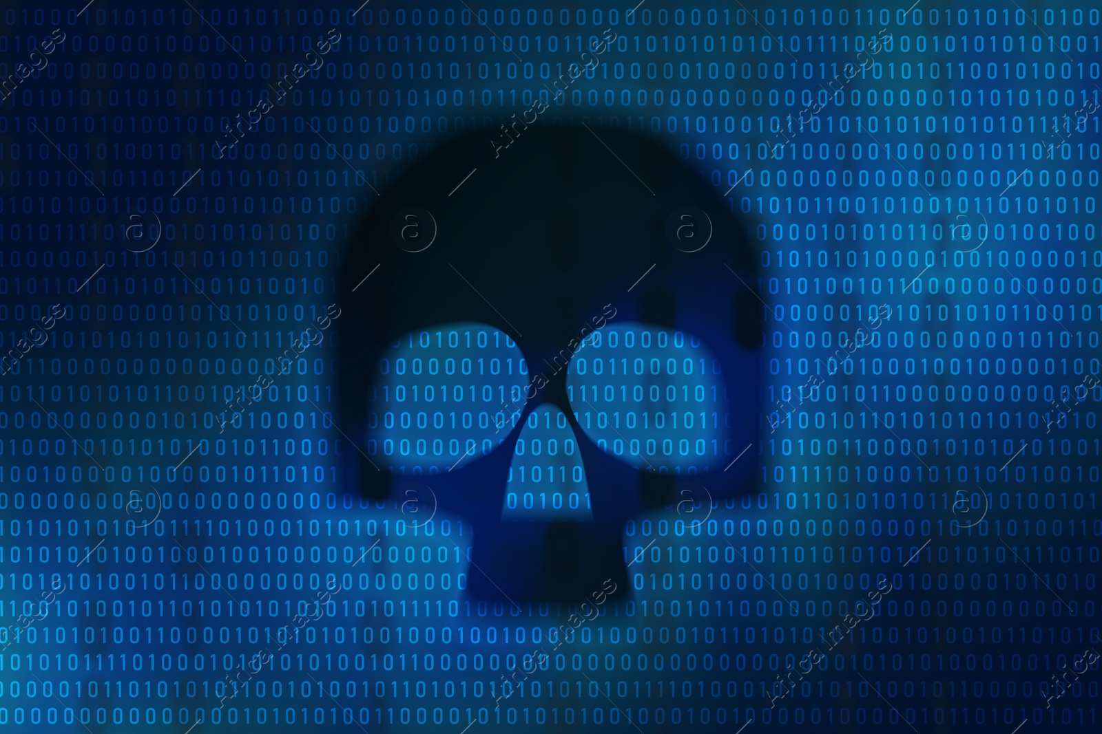 Illustration of Dark skull on digital binary code background. Cyber attack prevention concept