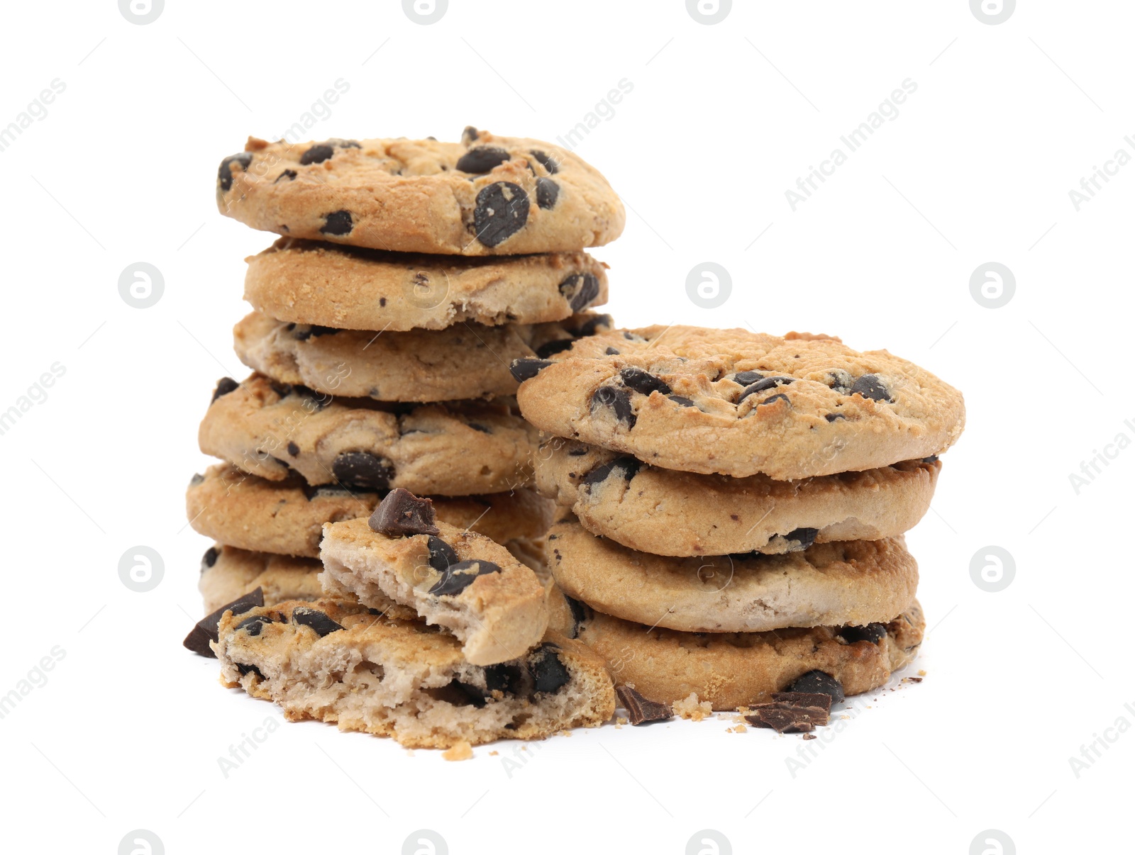 Photo of Tasty chocolate chip cookies on white background