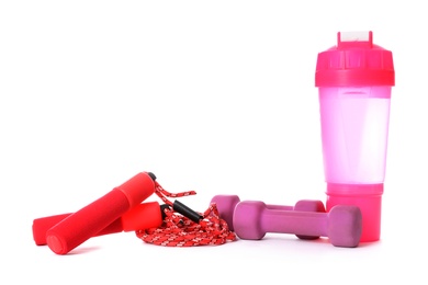 Photo of Composition with fitness gym equipment on white background