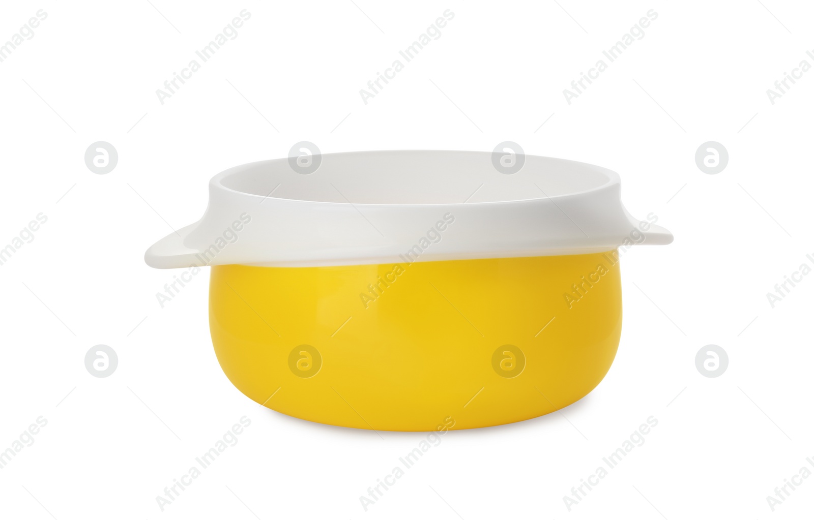 Photo of Plastic bowl on white background. Serving baby food