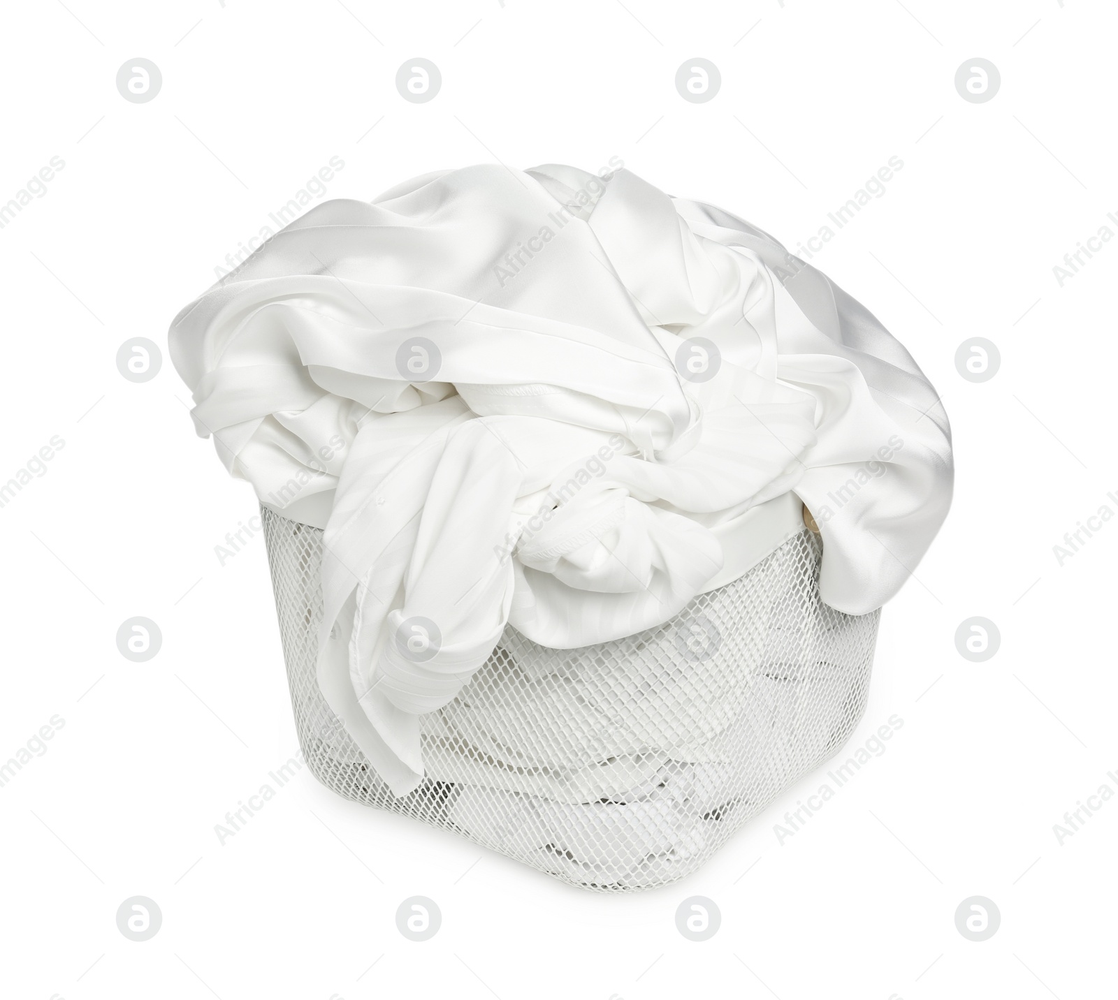 Photo of Laundry basket with clean clothes isolated on white